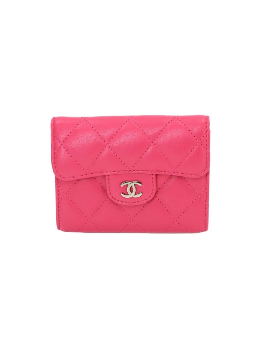 Chanel Quilted Coin Purse Lambskin Pink CC Logo Silver